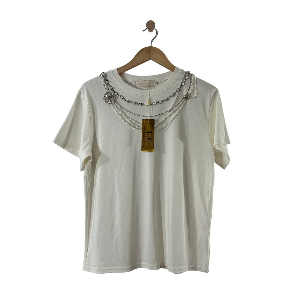 Lizette Collection White Embellished Rhinestone Necklace Cotton Blend T-Shirt L